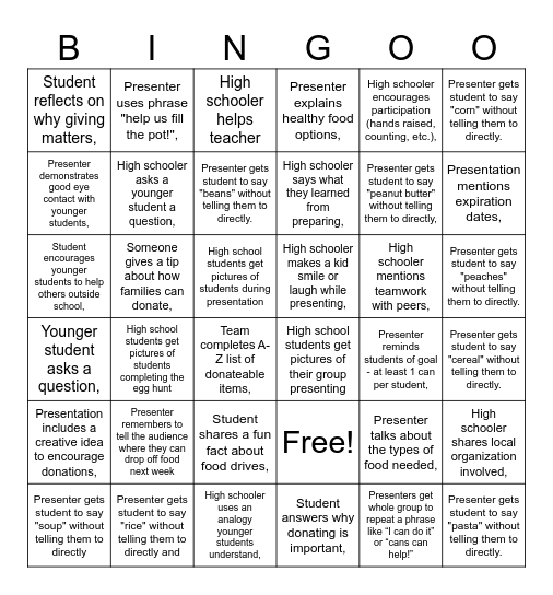 Food Drive Bingo Card