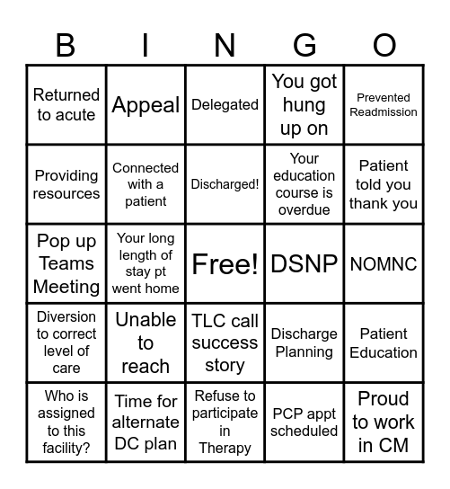 FL Case Managment Bingo Card