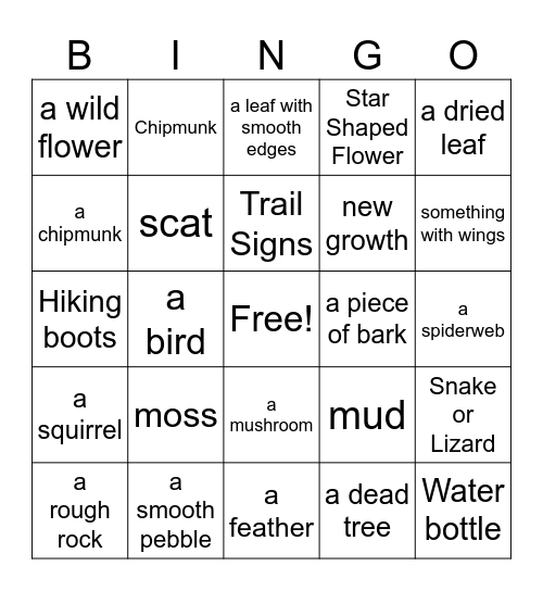 Hiking Bingo Card