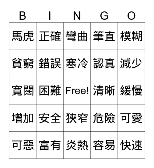 形容詞 Bingo Card