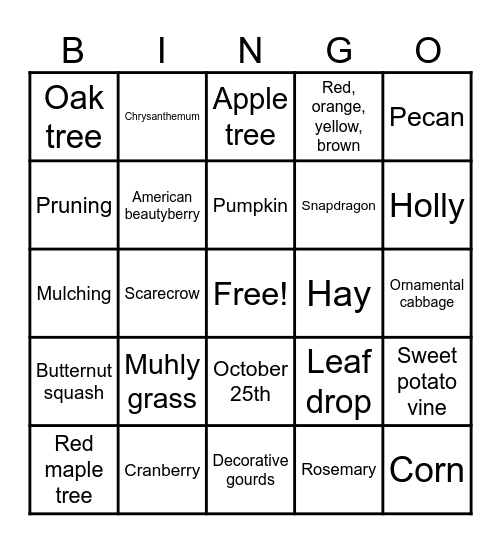 Fall Plant Bingo Card