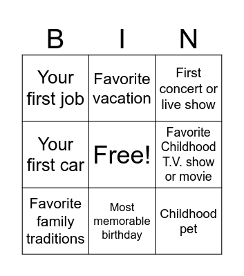 Memories Bingo! Bingo Card