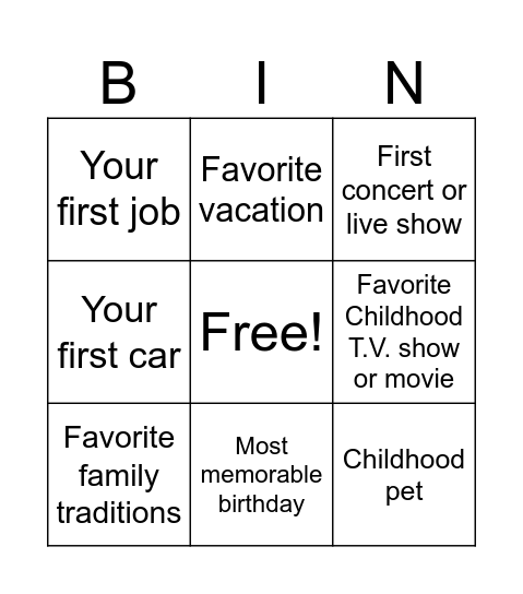 Memories Bingo! Bingo Card