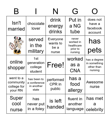 Nursing 101 Icebreaker Bingo Card