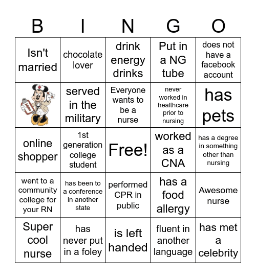 Nursing 101 Icebreaker Bingo Card