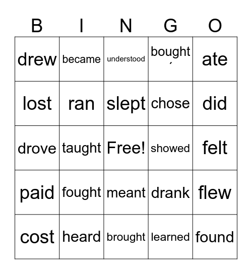 Irregular Verbs Bingo Card