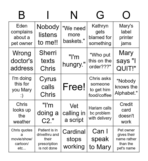 Pharmacy Bingo Card