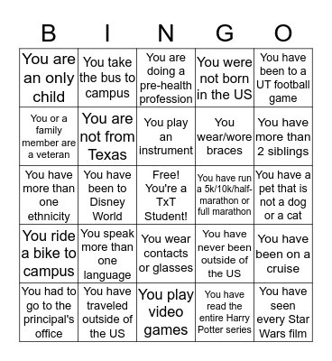 Getting To Know You Bingo Card