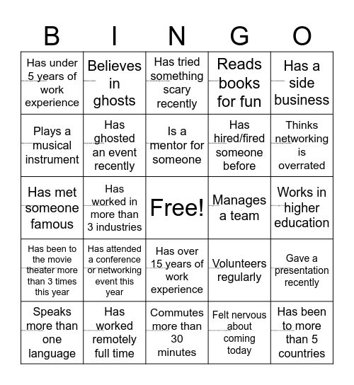 Networking Bingo Card