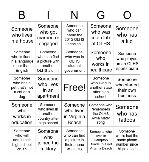 OLHS Class of 2015 Bingo! Bingo Card