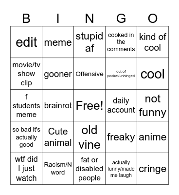 Reels bingo Card