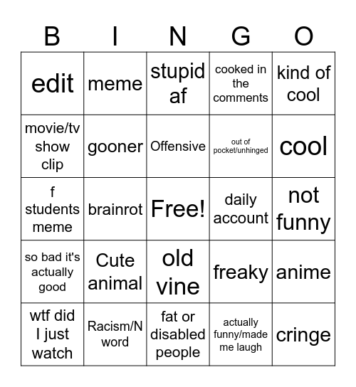 Reels bingo Card