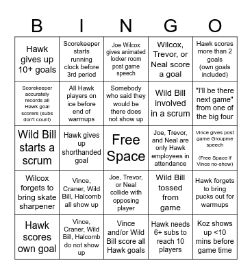 Hawk Hockey Bingo Card