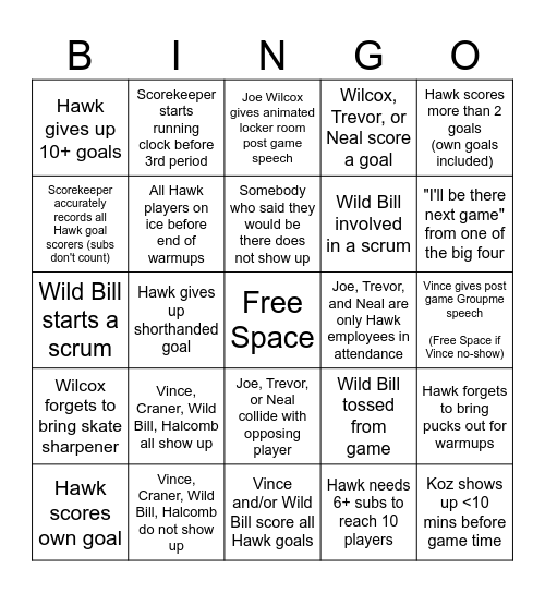 Hawk Hockey Bingo Card