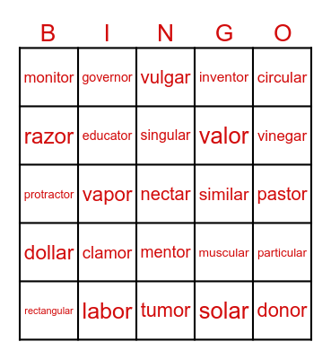 AR and OR at end of words Bingo Card