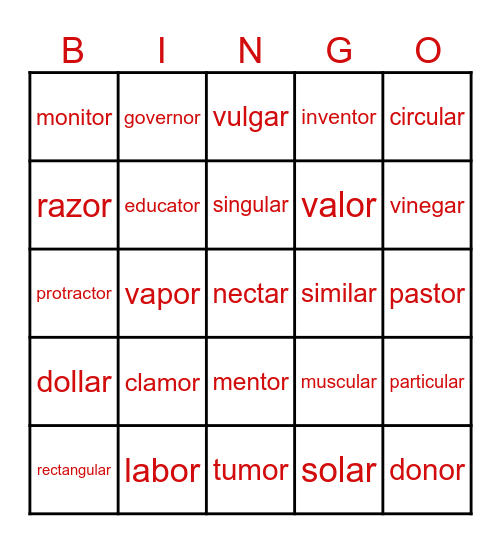 AR and OR at end of words Bingo Card