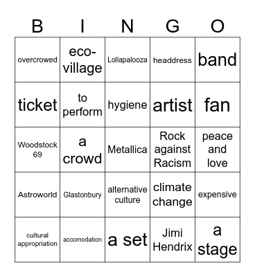 Music festivals bingo Card
