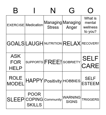 MENTAL WELLNESS BINGO Card