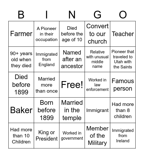 Family History Bingo Card