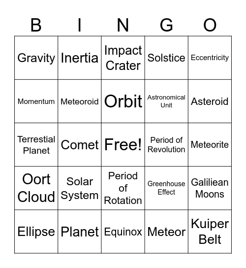 Unit 4: The Solar System Bingo Card