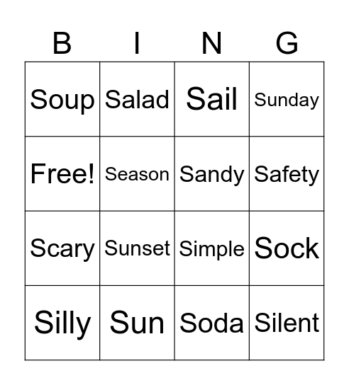 Beginning /s/ Practice Bingo Card