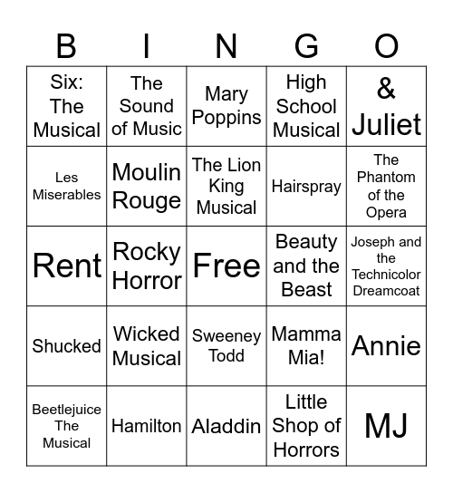 Musicals and Musical Movies Bingo Card