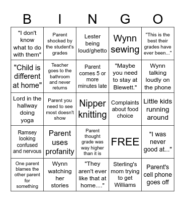 Parent/Teacher Conference Bingo Card