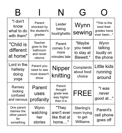 Parent/Teacher Conference Bingo Card