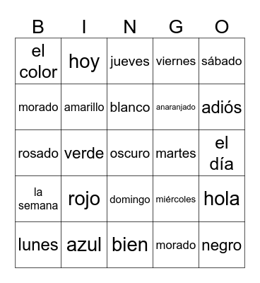 Spanish Days and Colors Bingo Card