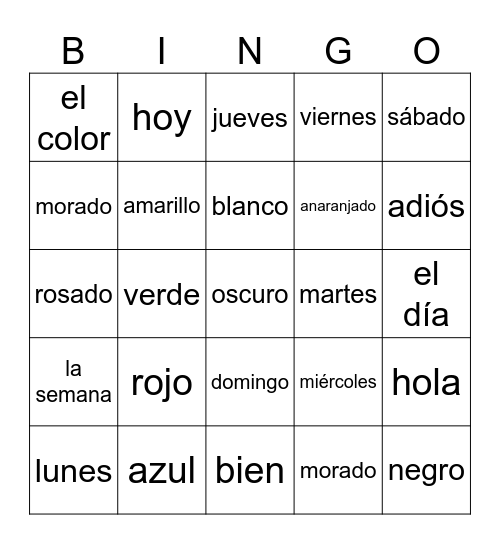 Spanish Days and Colors Bingo Card