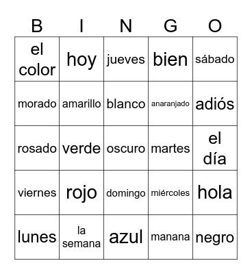 Spanish Days and Colors Bingo Card