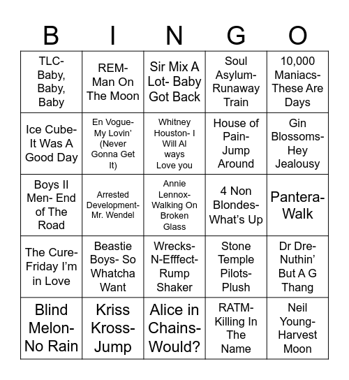 Radio Bingo Class of 1992 Bingo Card