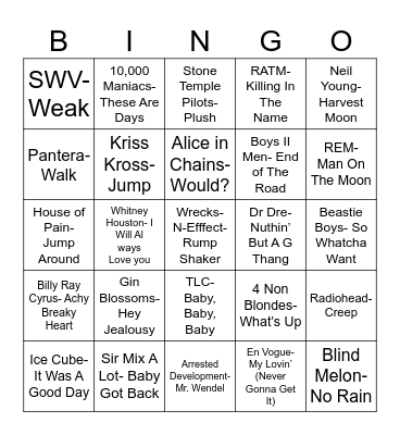 Radio Bingo Class of 1992 Bingo Card