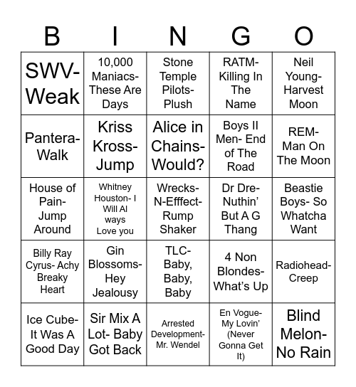 Radio Bingo Class of 1992 Bingo Card