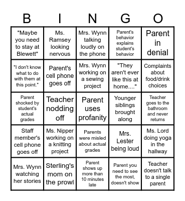 Parent/Teacher Conference Bingo Card