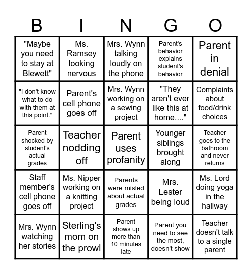 Parent/Teacher Conference Bingo Card