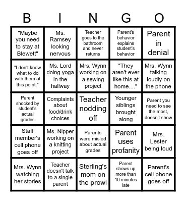 Parent/Teacher Conference Bingo Card