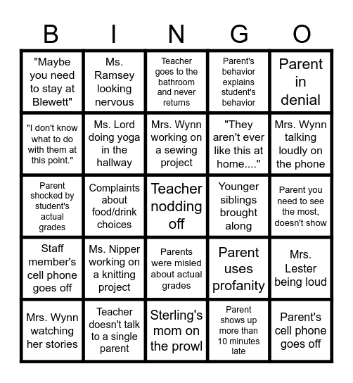 Parent/Teacher Conference Bingo Card
