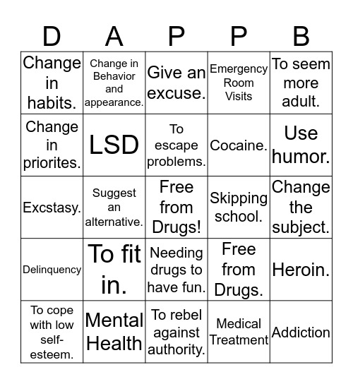 Drug Abuse Prevention PACE Bingo Card