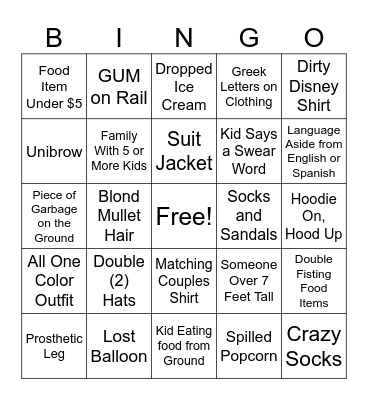 Disneyland Bingo Card