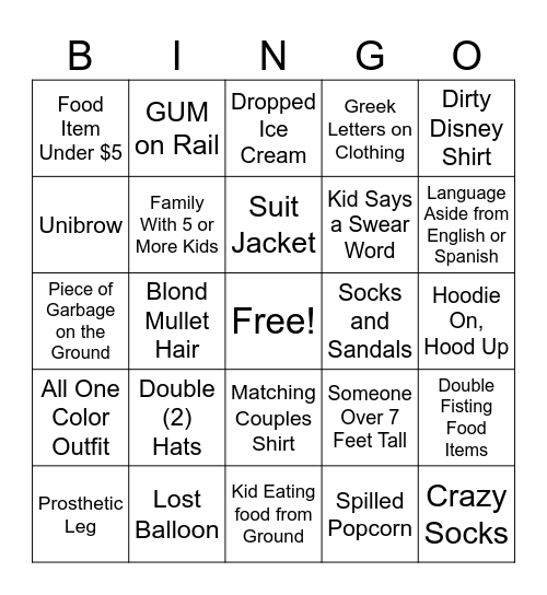Disneyland Bingo Card