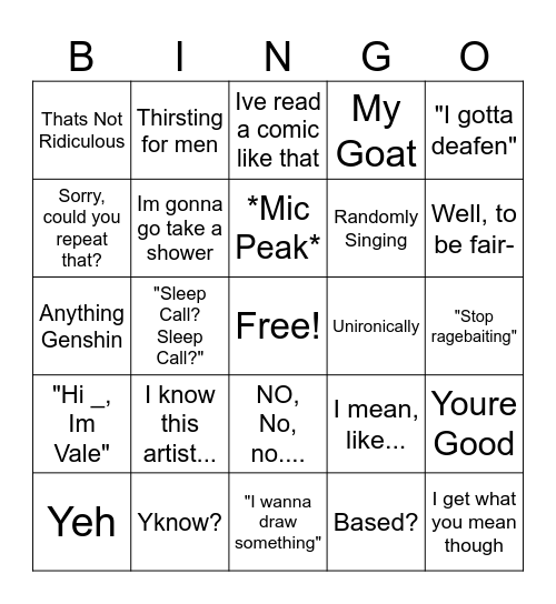 Vale Bingo Card