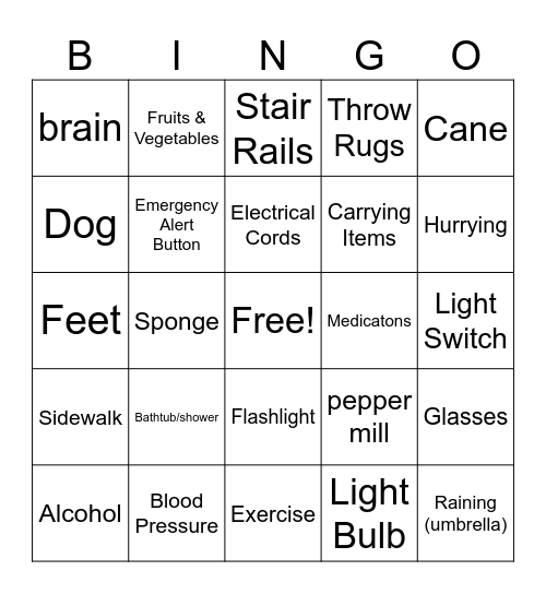 Fall Prevention BINGO Card