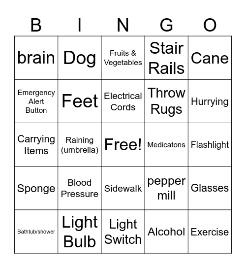 Fall Prevention BINGO Card