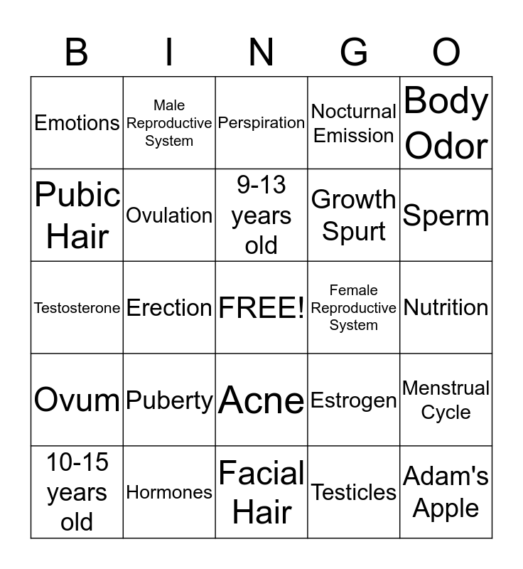Puberty Bingo Card