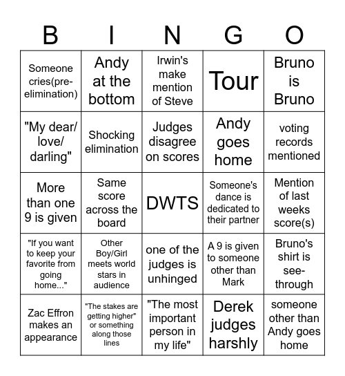 DWTS Bingo Card