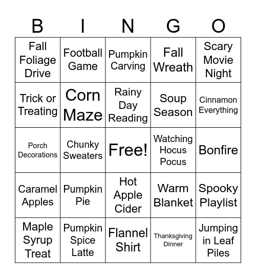 Newcomers Fall-iday Happy Hour Bingo Card