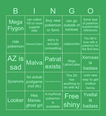 Pokemon ZA bingo Card
