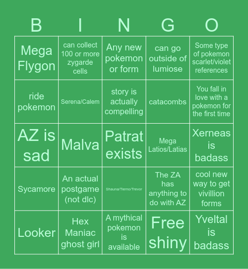 Pokemon ZA bingo Card