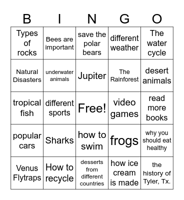 Main Idea Bingo Card